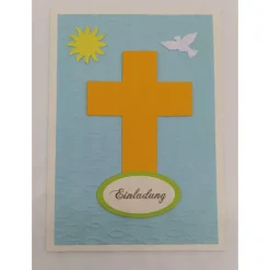 Einladung zur Kommunion DIY-Karte mit Kreuz, Taube, Sonne und geprägten Fischen