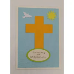 Einladung zur Kommunion DIY-Karte mit Kreuz, Taube, Sonne und geprägten Fischen
