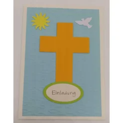 Einladung zur Kommunion DIY-Karte mit Kreuz, Taube, Sonne und geprägten Fischen