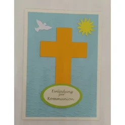 Einladung zur Kommunion DIY-Karte mit Kreuz, Taube, Sonne und geprägten Fischen