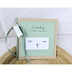 Einladungskarte Einladung zur Kommunion, Konfirmation oder Taufe in Natur-Eukalyphtus