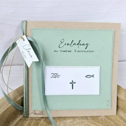 Einladungskarte Einladung zur Kommunion, Konfirmation oder Taufe in Natur-Eukalyphtus