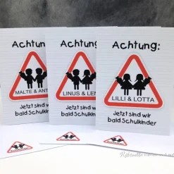 Einladungskarte Einschulung Schulanfang "Achtung" für Zwillinge – Handgemacht