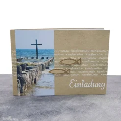 Einladungskarte Konfirmation, Kommunion, Firmung – Kreuz im Meer, Kraftpapieroptik