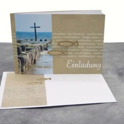 Einladungskarte Konfirmation, Kommunion, Firmung – Kreuz im Meer, Kraftpapieroptik