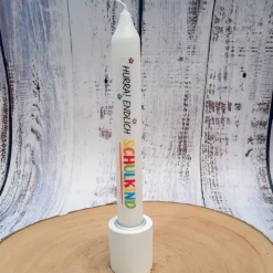 Einschulungskerze – Bunte Stabkerze mit Spruch für Schulanfang, 18 cm hoch