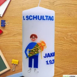 Einschulungskerze personalisierbar mit i-Dötzchen und Schultüte, Kerze Einschulung, Kerze erster Schultag