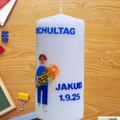 Einschulungskerze personalisierbar mit i-Dötzchen und Schultüte, Kerze Einschulung, Kerze erster Schultag