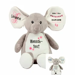 Elefant Stofftier mit Name Geschenkidee zur Taufe, Geburt personalisiert mit Namen Geburtsdaten Taufspruch