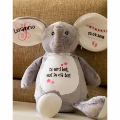 Elefant Stofftier mit Name Geschenkidee zur Taufe, Geburt personalisiert mit Namen Geburtsdaten Taufspruch