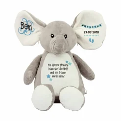 Elefant Stofftier mit Name Geschenkidee zur Taufe, Geburt personalisiert mit Namen Geburtsdaten Taufspruch