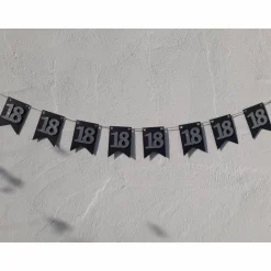 Elegante Girlande aus Papier zum 18. Geburtstag in silber und schwarz, Wimpelkette, Fahnengirlande, Wimpel, Partydekoration, Papierdekoration