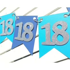 Elegante Girlande zum 18. Geburtstag in Blau und Silber, Wimpelkette, Banner, Dekoration, Papier-Deko, Partydekoration