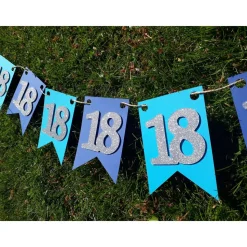Elegante Girlande zum 18. Geburtstag in Blau und Silber, Wimpelkette, Banner, Dekoration, Papier-Deko, Partydekoration