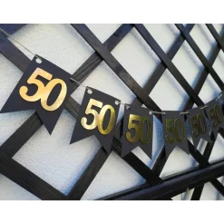 Elegante Girlande zum 50. Geburtstag in Gold und Schwarz. Angesagte Trendfarben! Tolle Papierdeko zum 50. Wimpelkette zu