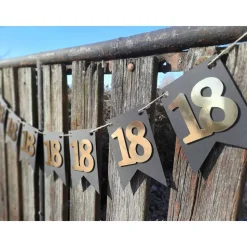 Elegante Girlande zum 18. Geburtstag, Wimpelkette, Fahnengirlande, Gold oder Silber und Schwarz, Wimpel, Partydekoration