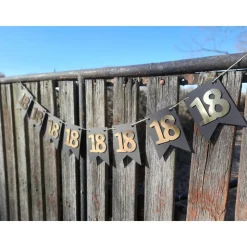 Elegante Girlande zum 18. Geburtstag, Wimpelkette, Fahnengirlande, Gold oder Silber und Schwarz, Wimpel, Partydekoration