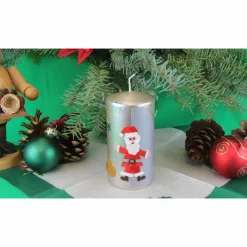 Elegante, hangefertigte silberne Nikolauskerze mit Nikolaus, einem Sack voller Geschenke und Sternen, indivdualisierbar