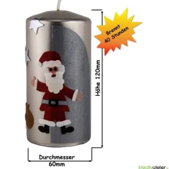 Elegante, hangefertigte silberne Nikolauskerze mit Nikolaus, einem Sack voller Geschenke und Sternen, indivdualisierbar
