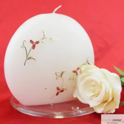 Elegante Hochzeitskerze Scheibenform mit Blumenranke in Rot/Gold, personalisierbar, perfekt für Standesamt oder Geschenk