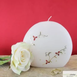 Elegante Hochzeitskerze Scheibenform mit Blumenranke in Rot/Gold, personalisierbar, perfekt für Standesamt oder Geschenk
