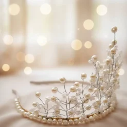 Elegante Perlenkrone White Grace – Handgefertigte Braut-Tiara in Silber & Weiß