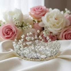 Elegante Perlenkrone White Grace – Handgefertigte Braut-Tiara in Silber & Weiß