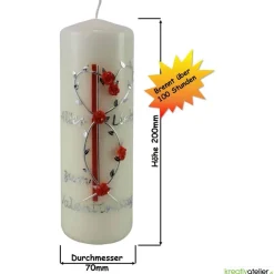 Elfenbeinfarbige Kerze zum Valentinstag mit Rosenranke, orangenen Rosen und auf Wunsch mit Gedicht