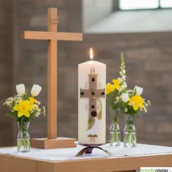 Engel des Lichts – Christliche Osterkerze mit goldenen Engelsflügeln & Kreuz, hochwertige Echtwachskunst