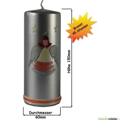 Engel-Kerze, Weihnachtskerze in Creme/Lachs/Silber, schlicht mit Wachsband und cremefarbenen Sternen