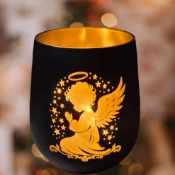 Engel-Windlichter aus Glas mit Lasergravur in schwarz-gold als Geschenkidee | Mitbringsel in 2 Größen 10 cm und 12 cm