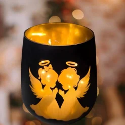Engel-Windlichter aus Glas mit Lasergravur in schwarz-gold als Geschenkidee | Mitbringsel in 2 Größen 10 cm und 12 cm