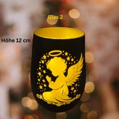 Engel-Windlichter aus Glas mit Lasergravur in schwarz-gold als Geschenkidee | Mitbringsel in 2 Größen 10 cm und 12 cm