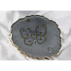 4er Set Coaster Untersetzer mit Schmetterlingen aus Resin - silber grau - Goldrand - Tischdekoration