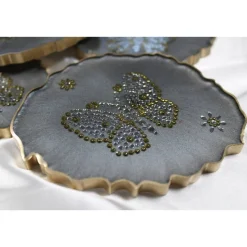 4er Set Coaster Untersetzer mit Schmetterlingen aus Resin - silber grau - Goldrand - Tischdekoration