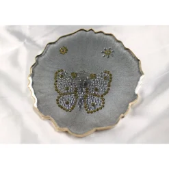 4er Set Coaster Untersetzer mit Schmetterlingen aus Resin - silber grau - Goldrand - Tischdekoration