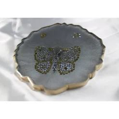 4er Set Coaster Untersetzer mit Schmetterlingen aus Resin - silber grau - Goldrand - Tischdekoration