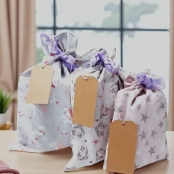 3er Set Geschenkbeutel, Nikolaussäckchen, Weihnachtssäckchen rosa mit Einhorn und Sterne