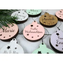 10er SET Vintage WEIHNACHTSKUGELN aus Altholz mit Name PERSONALISIERT Weihnachtsbaum Geschenkanhänger Holz Weihnachten Christbaumkugel Stern