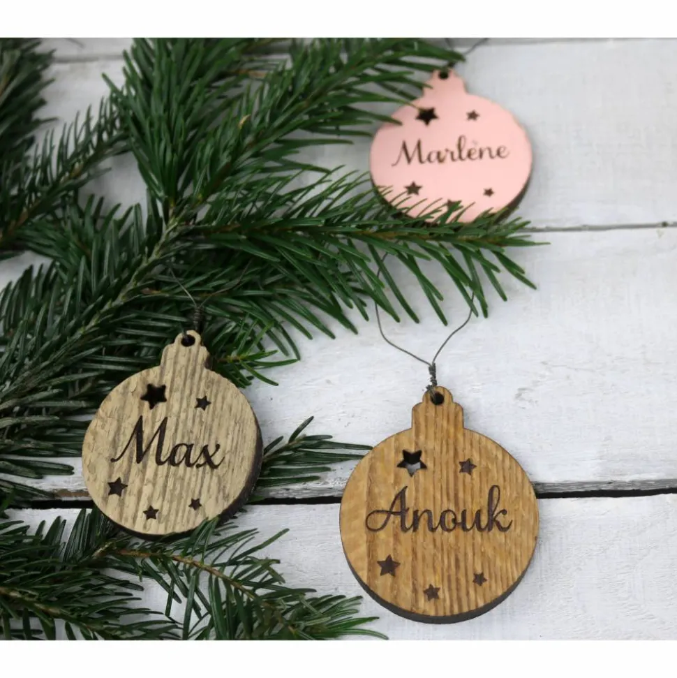 4er SET Vintage WEIHNACHTSKUGELN aus Altholz mit Name PERSONALISIERT Weihnachtsbaum Geschenkanhänger Holz Weihnachten Christbaumkugel Stern