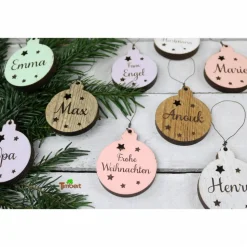 4er SET Vintage WEIHNACHTSKUGELN aus Altholz mit Name PERSONALISIERT Weihnachtsbaum Geschenkanhänger Holz Weihnachten Christbaumkugel Stern