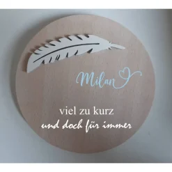 Erinnerung an ein Sternenkind, Geschenk für Sterneneltern, individuelle gestaltetes Trauergeschenk, Naturholz, Feder, Sc