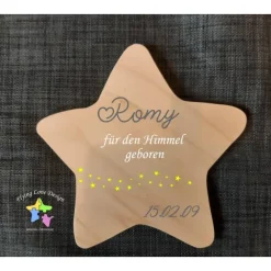 Erinnerung an Sternenkind, Verstorbene, Geschenk für Angehörige, Stern aus Holz für Mama Papa Oma Opa, Anstatt Trauerka