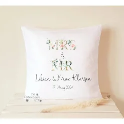 Erinnerung Hochzeit, Geschenk Kissen MR & MRS personalisiert, Hochzeitsgeschenk Dekokissen Monogramm Eukalyptus
