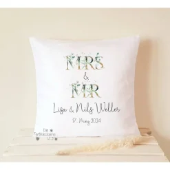 Erinnerung Hochzeit, Geschenk Kissen MR & MRS personalisiert, Hochzeitsgeschenk Dekokissen Monogramm Eukalyptus