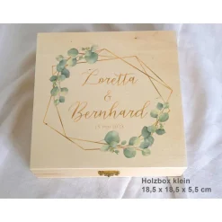 Erinnerungsbox aus Holz Hochzeit Design Eukalyptus Gold