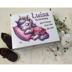 Erinnerungsbox für Baby, Erinnerungskiste, personalisierte Erinnerungskiste, Baby Geschenk personalisiert Einhorn