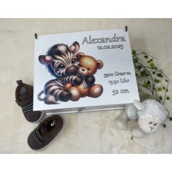 Erinnerungsbox für Baby, Erinnerungskiste, personalisierte Erinnerungskiste, Baby Geschenk Zebra mit Bär
