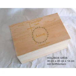 Erinnerungsbox Taufe Baby Kreuz Greenery fein aus Holz