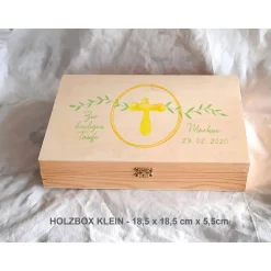 Erinnerungsbox Taufe Baby Aquarell Kreuz Greenery aus Holz